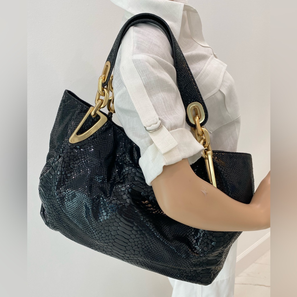 Fabulous Michael Kors Large Black Patent Snakeskin Hand/Shoulder Tote Bag